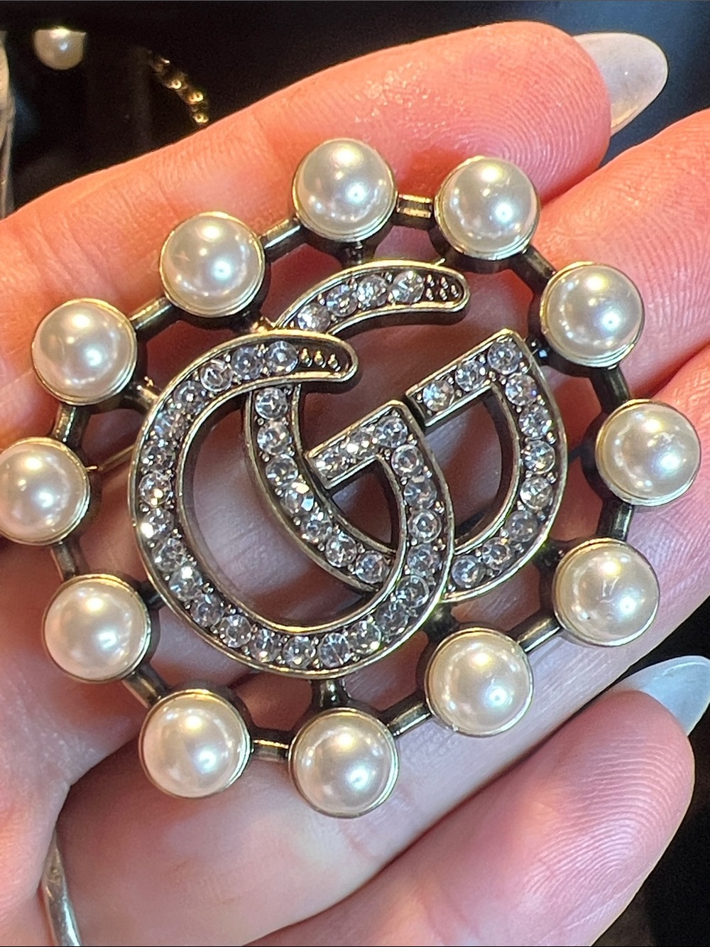Interlocking Crystal and Pearl Brooch - Gold-tone and White